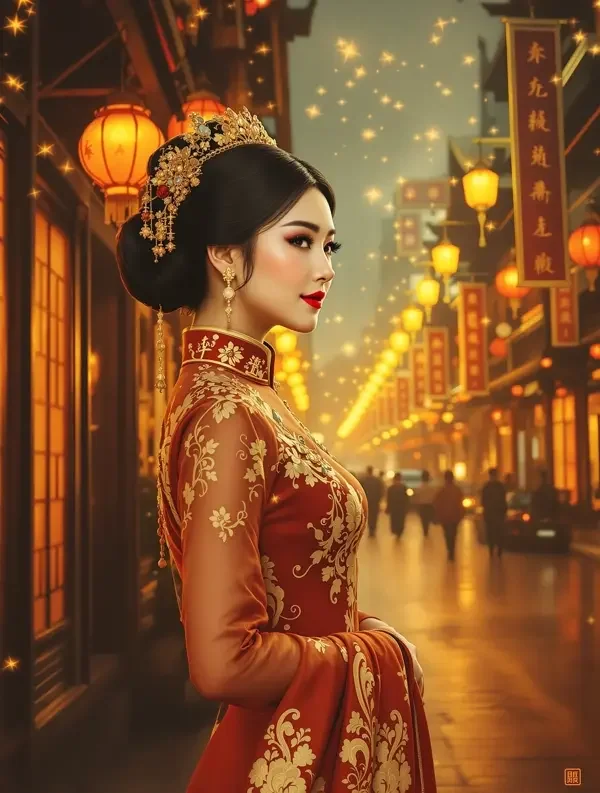 锦城烟火 短剧海报，旗袍女子提灯立于夜市灯火中