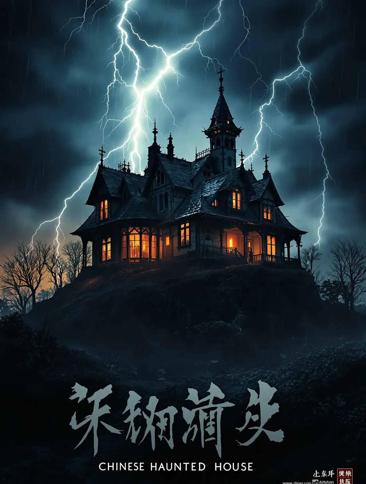 旧宅第九夜 短剧海报，老宅楼梯与孤灯